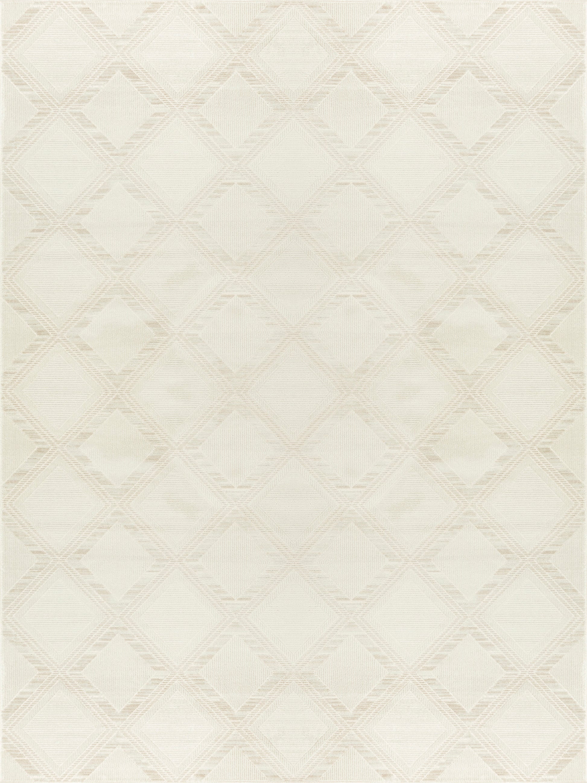 Cream area rug with subtle beige diamond lattice pattern and soft woven texture.