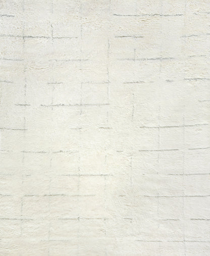 Cream Moroccan hand-knotted rug, indoor, textured pile, 6' x 9'.