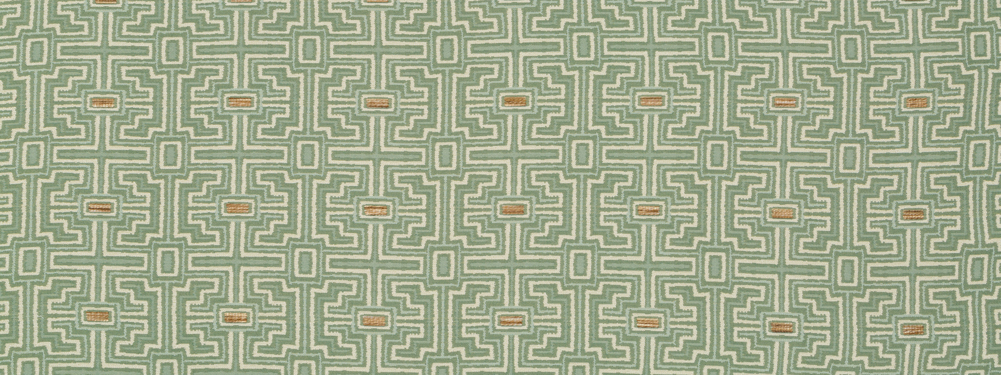 Green upholstery fabric featuring a beige Greek-key geometric pattern in a repeating tile design.