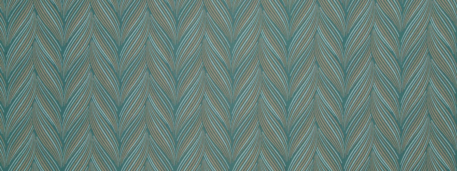 Teal feathered leaf pattern upholstery fabric with repeating vertical chevrons.