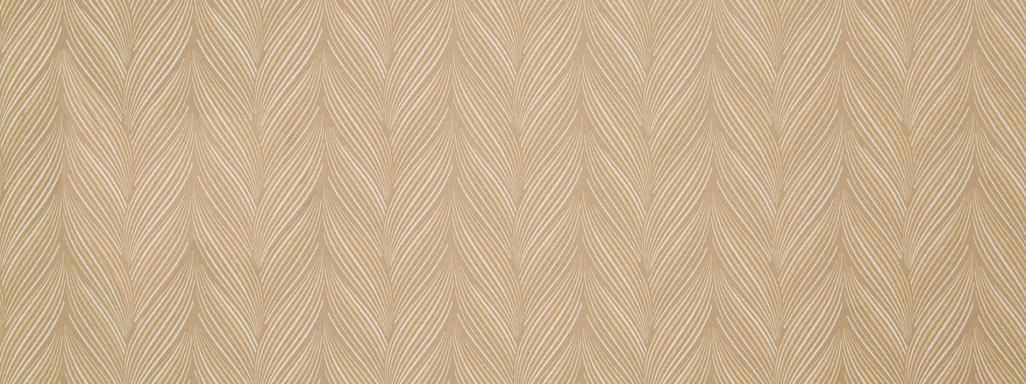 Beige woven upholstery fabric with a vertical leaf-like chevron pattern.