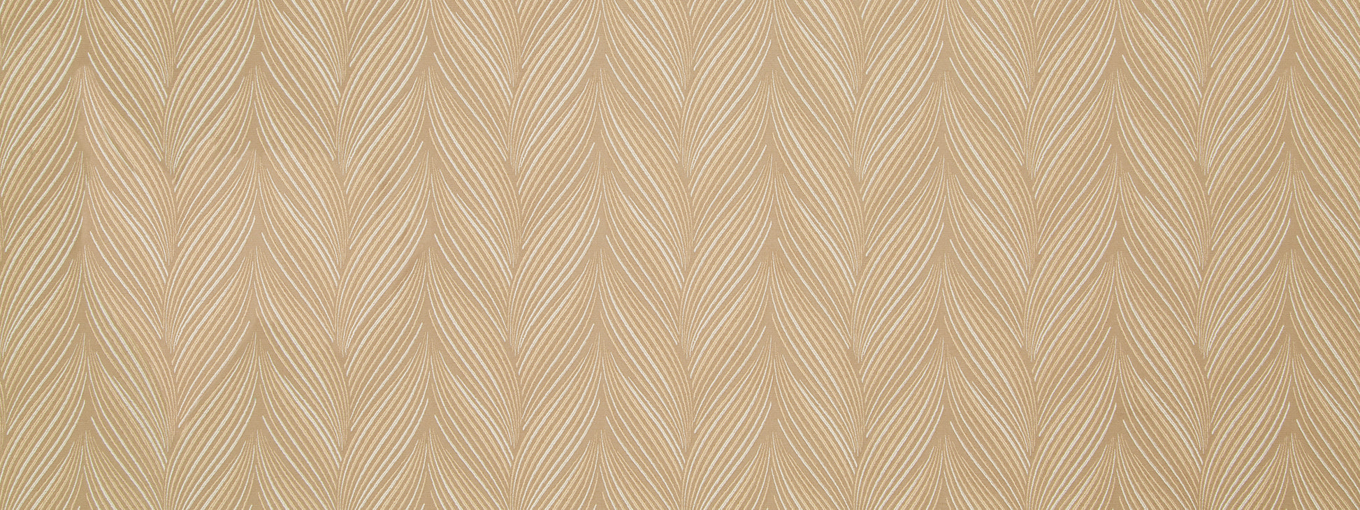 Beige woven upholstery fabric with a vertical leaf-like chevron pattern.