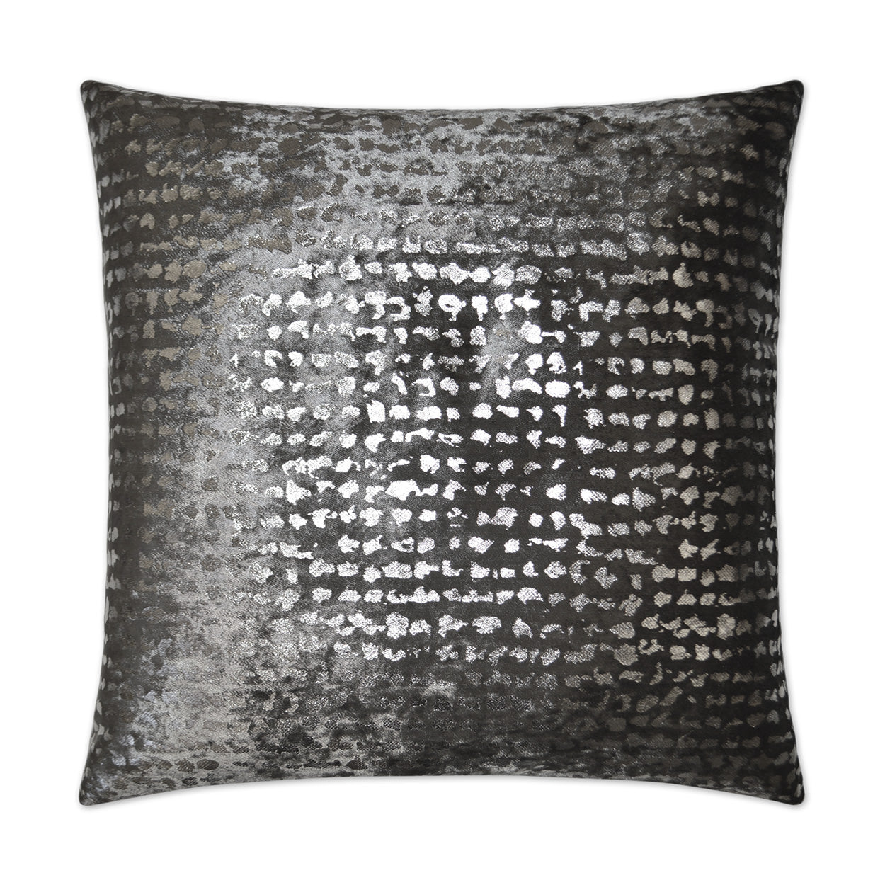 Dark charcoal square decorative pillow with metallic silver snakeskin pattern and velvet-like texture.