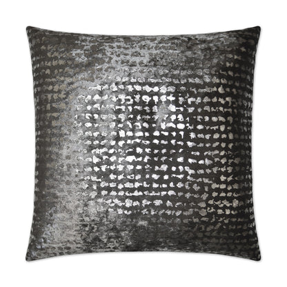 Dark charcoal square decorative pillow with metallic silver snakeskin pattern and velvet-like texture.