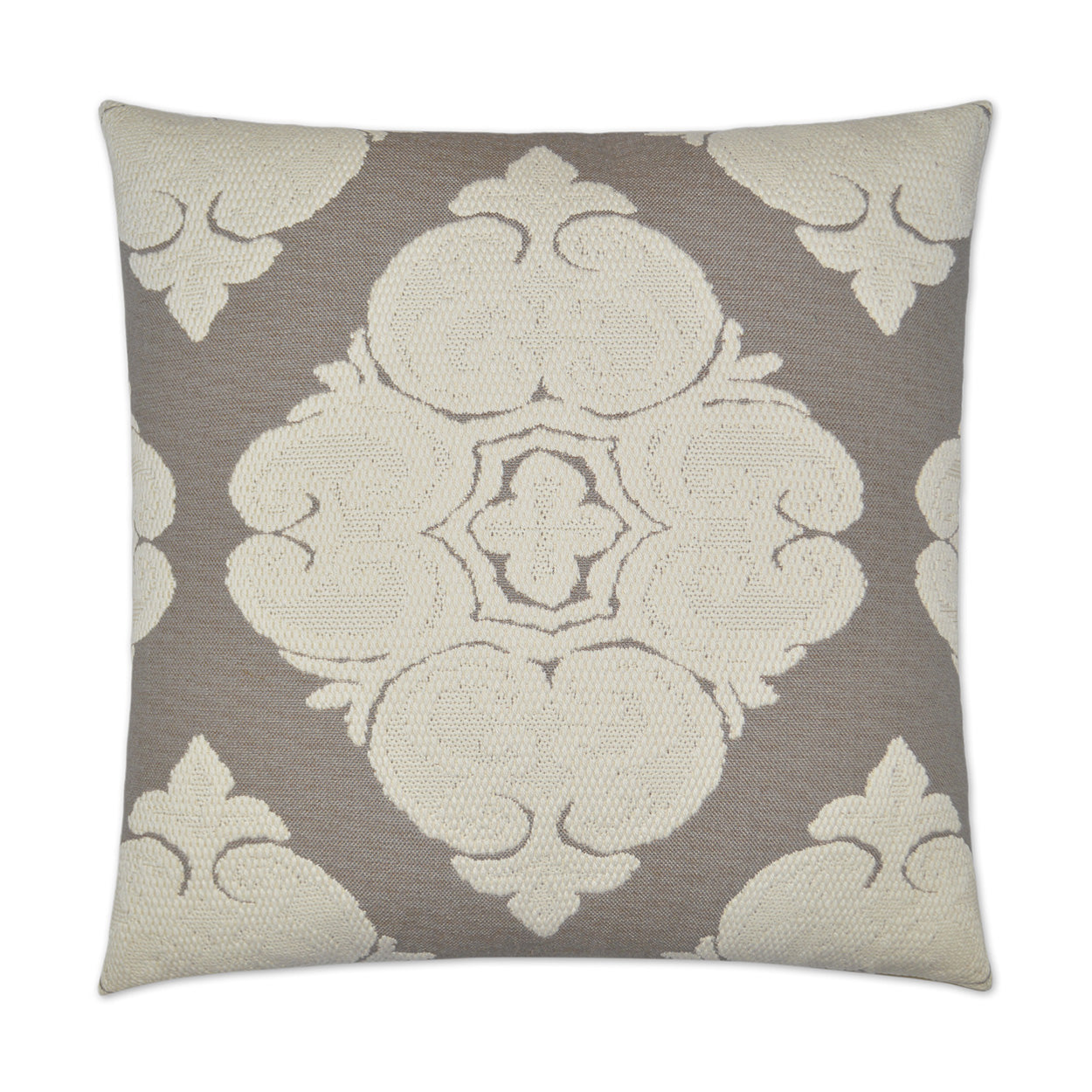 Decorative square throw pillow with taupe background and ivory damask pattern; traditional upholstery-style fabric.
