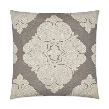 Decorative square throw pillow with taupe background and ivory damask pattern; traditional upholstery-style fabric.