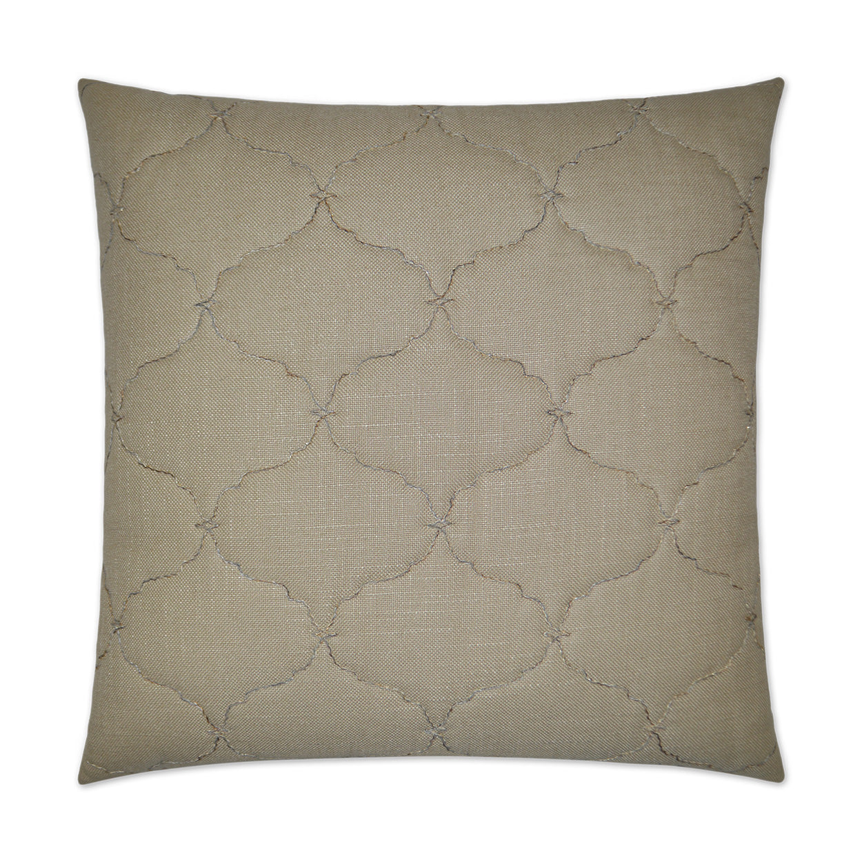 Taupe square decorative pillow with quilted trellis pattern on linen-like fabric.