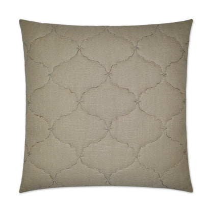 Taupe square decorative pillow with quilted trellis pattern on linen-like fabric.