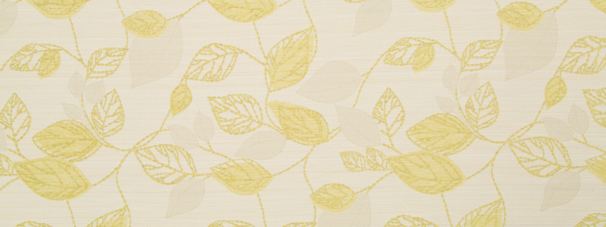 Chartreuse upholstery fabric with a light background and a repeating botanical leaf pattern.