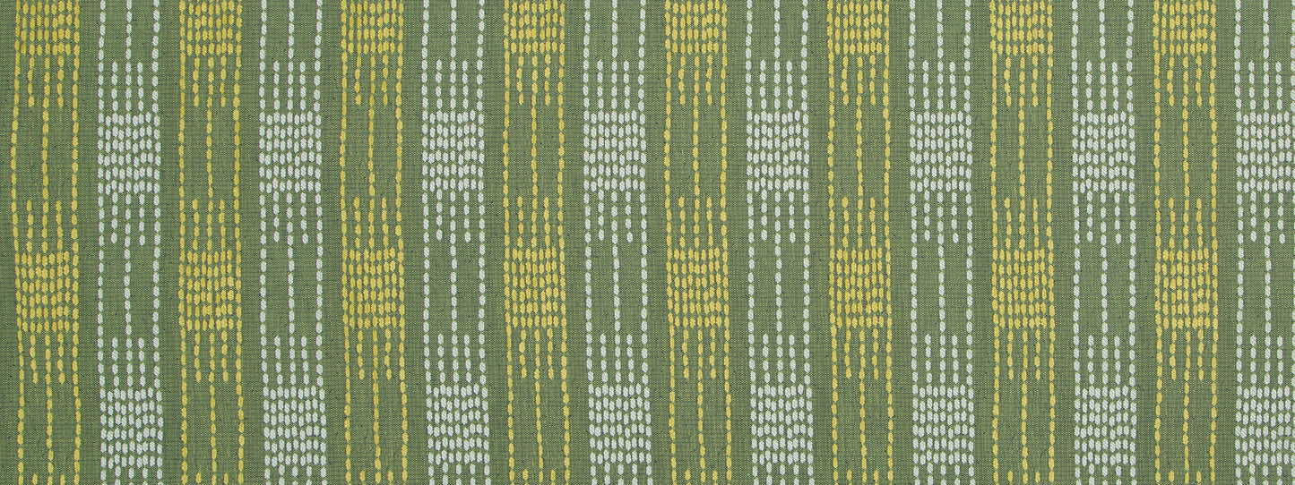 Patterned fabric swatch with vertical mustard yellow and pale blue-gray stripes on olive-green background.