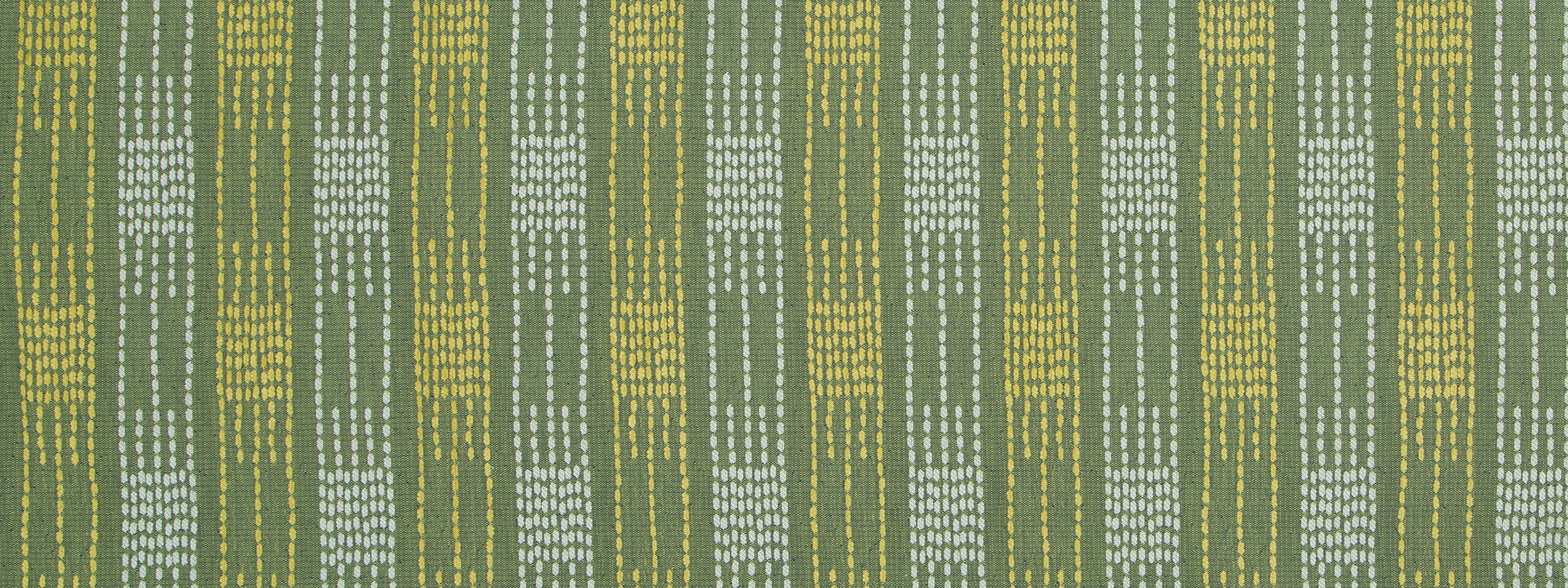Patterned fabric swatch with vertical mustard yellow and pale blue-gray stripes on olive-green background.