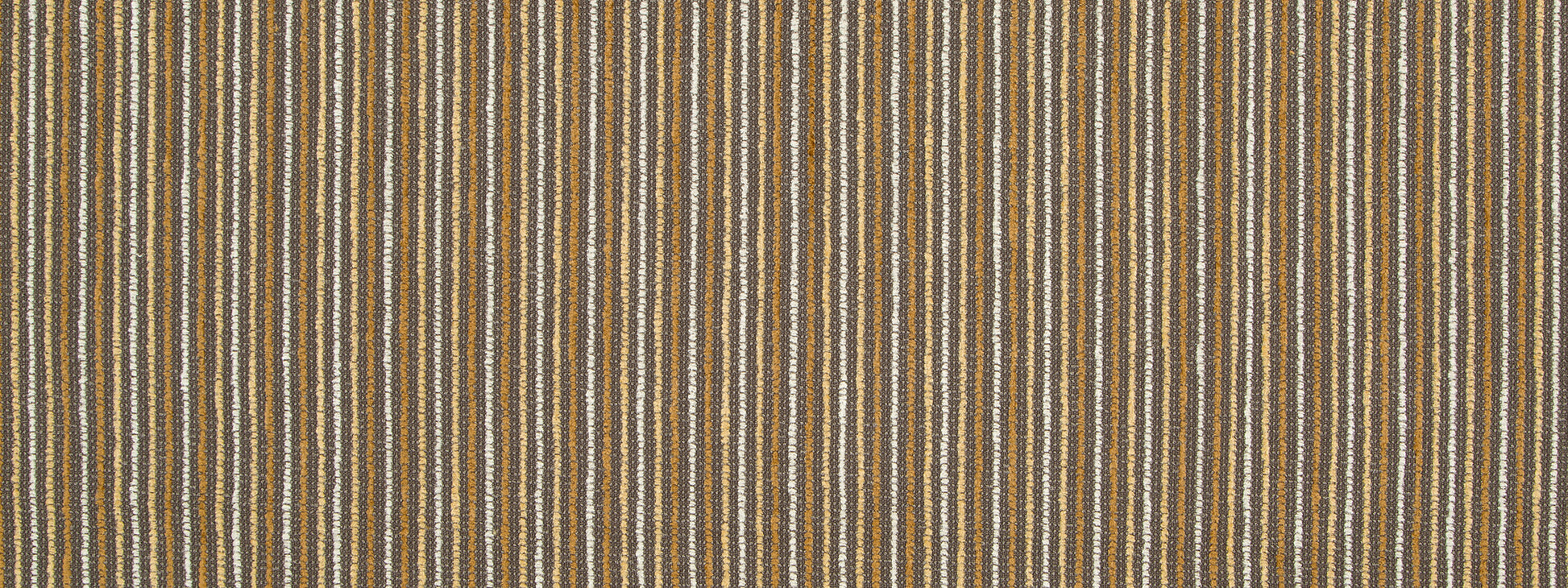 Gold and brown striped woven upholstery fabric with metallic threads; vertical stripe pattern suitable for upholstery or drapery.