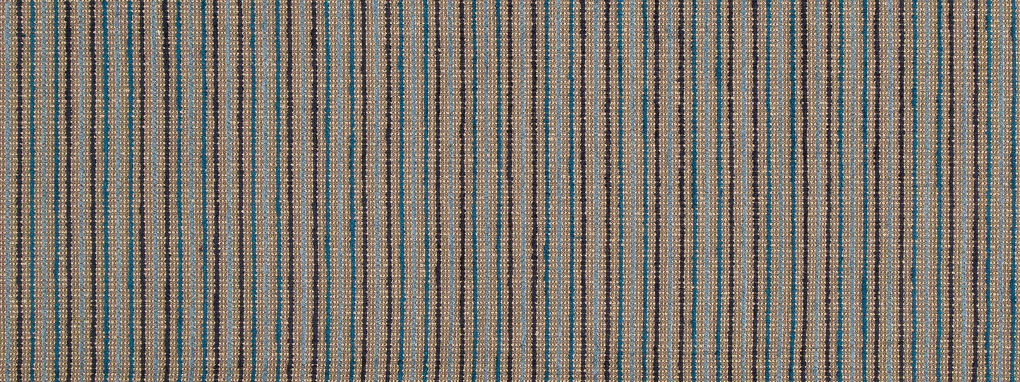 Beige woven fabric with narrow vertical brown & teal stripes; upholstery & home decor textile.