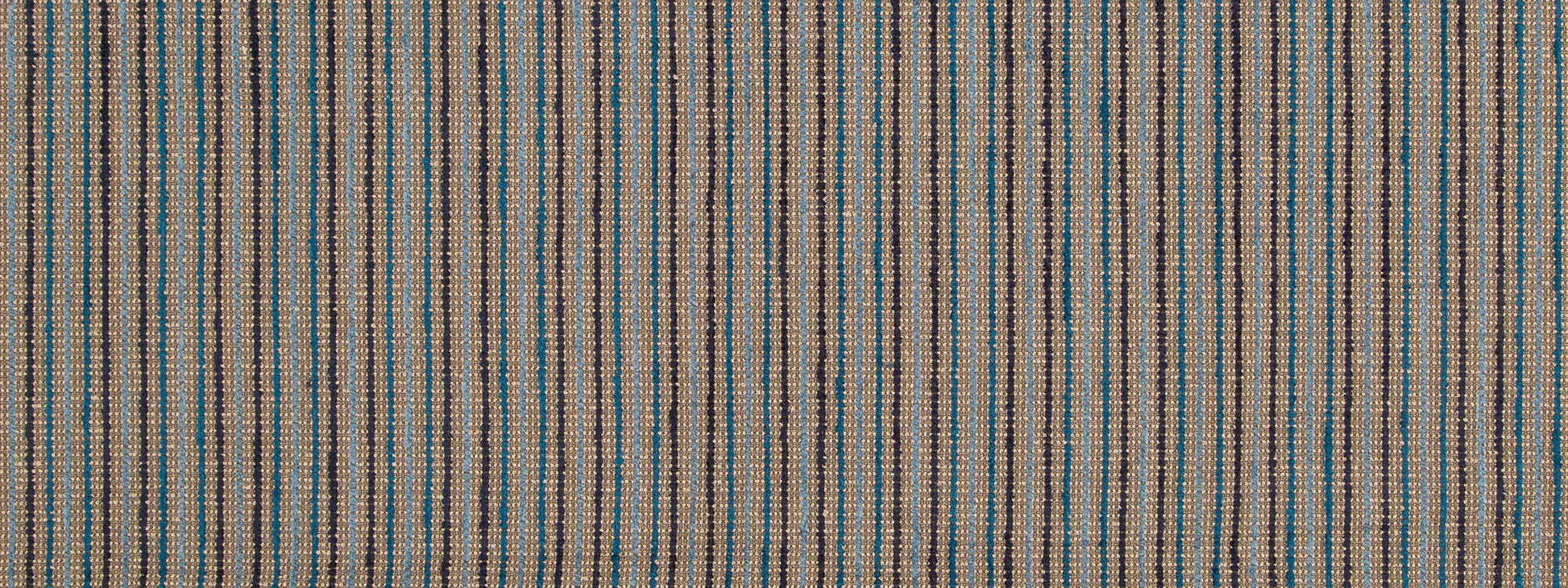 Beige woven fabric with narrow vertical brown & teal stripes; upholstery & home decor textile.