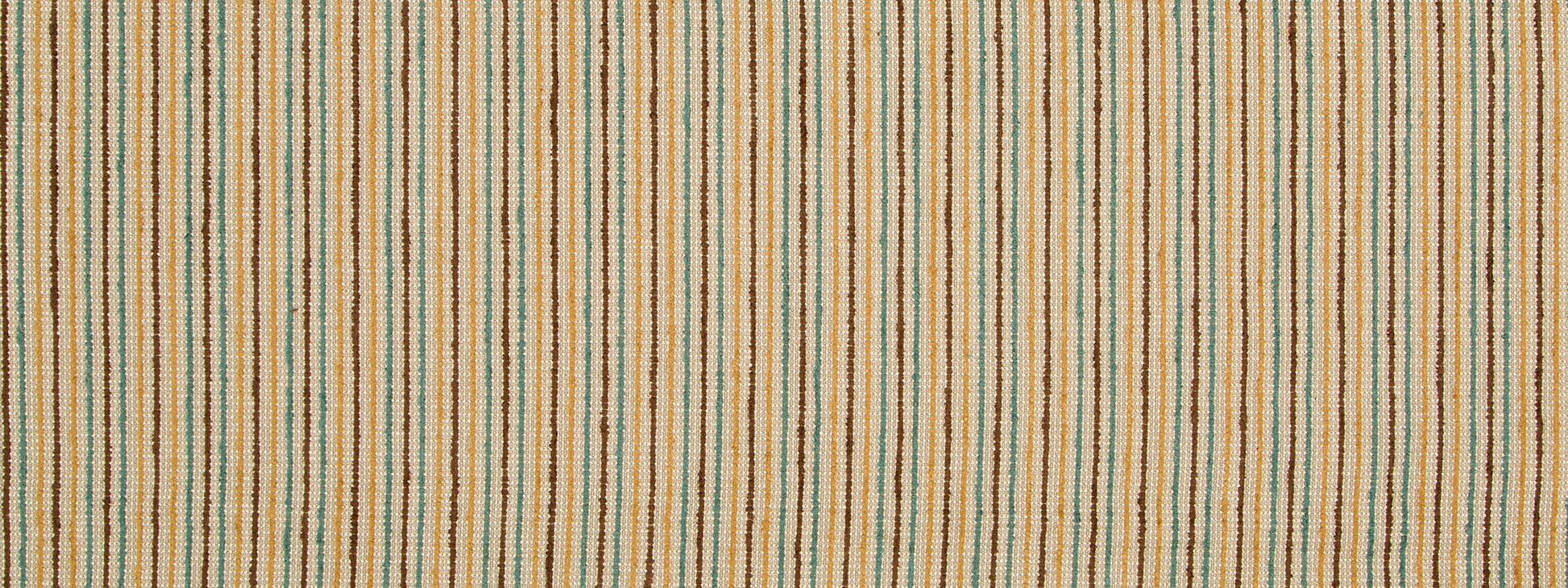 Beige woven upholstery fabric with vertical multicolor stripes in orange, teal and blue.