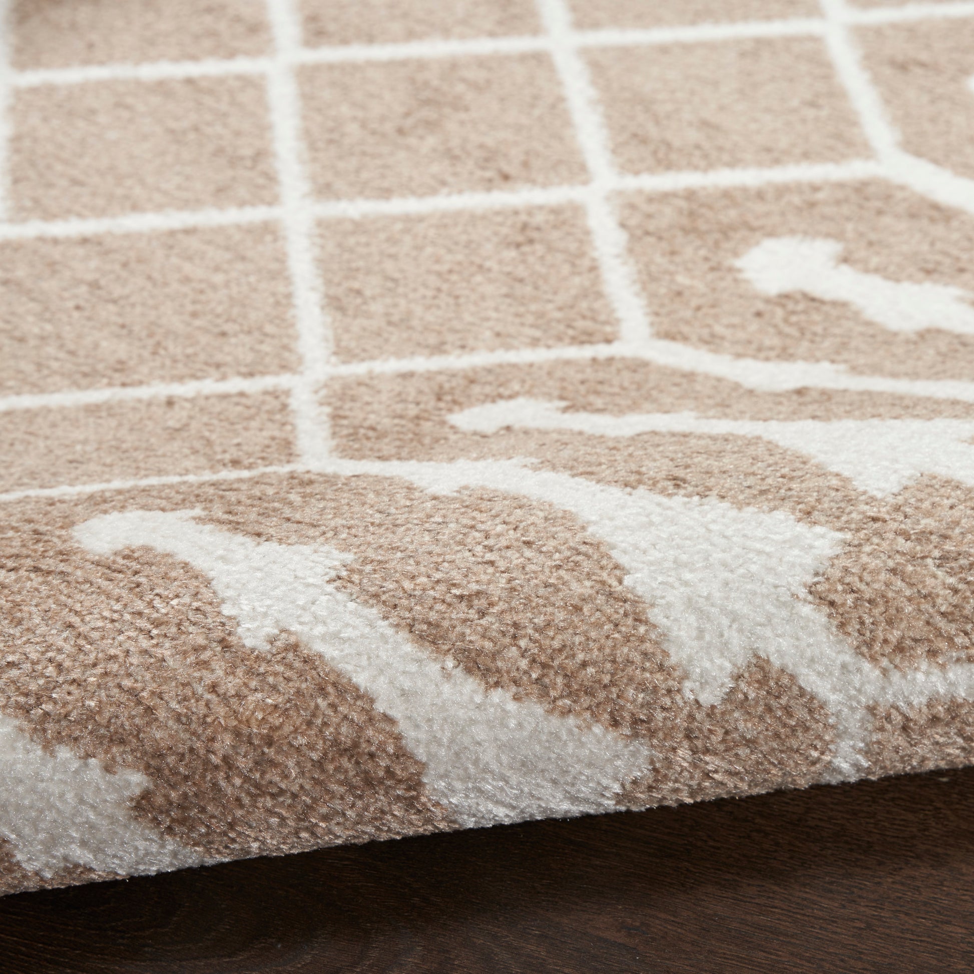 Close-up of a beige and ivory high-pile rug runner with a geometric grid pattern and curved border on dark wood floor.