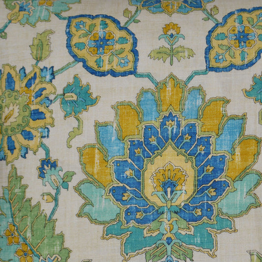 Decorative fabric featuring blue, teal, and yellow floral medallions with green leaves.