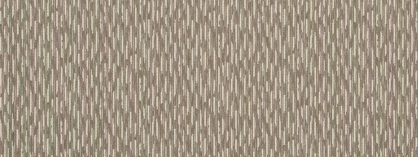 Taupe-brown woven fabric with cream vertical dashes; textured geometric stripe for upholstery & curtains.