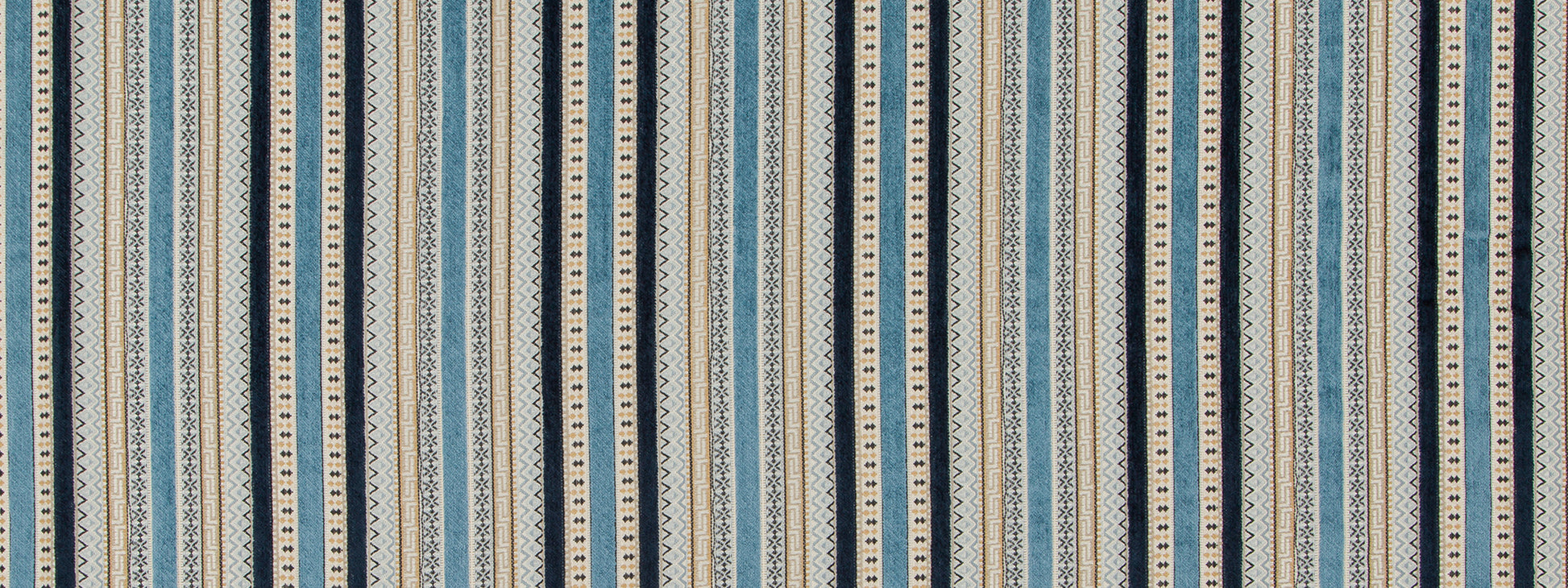 Vertical striped blue, beige & ivory fabric pattern with narrow and wide bands; upholstery or curtain textile vibe.