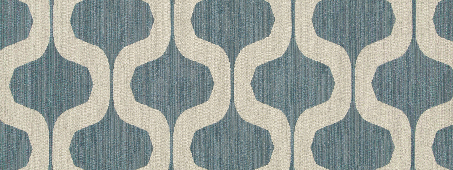 Blue geometric trellis pattern on denim-colored textured fabric, mid-century style upholstery textile.