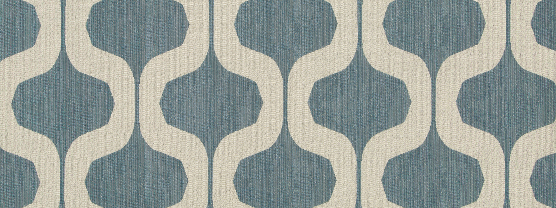 Blue geometric trellis pattern on denim-colored textured fabric, mid-century style upholstery textile.
