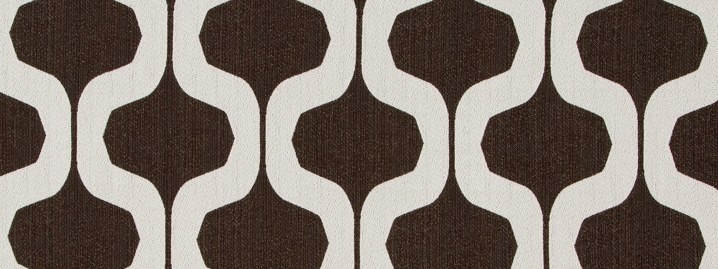 Dark brown interlocking rounded shapes on beige background; mid-century geometric upholstery fabric pattern.