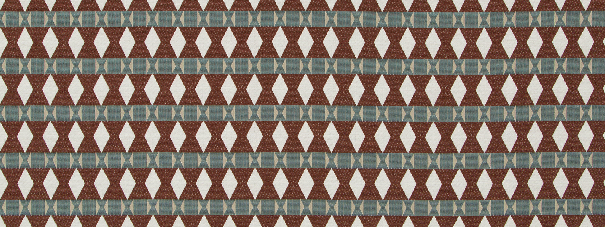 Boho geometric upholstery fabric in carob with brown diamonds, white accents and blue-gray stripes; woven textile.