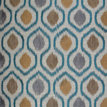24x24 pillow with geometric teal hex-diamond ikat pattern on cream background, featuring mustard, taupe and gray accents.
