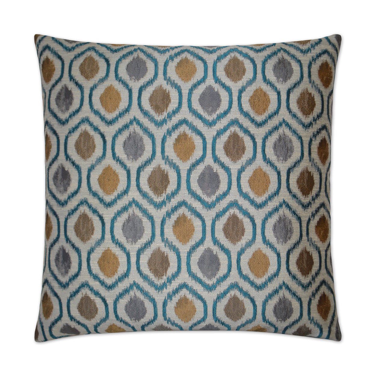 Decorative square throw pillow with teal geometric teardrop/diamond ikat pattern in gold, gray, blue and brown.