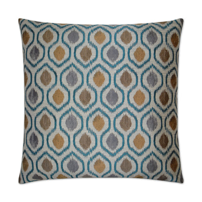Decorative square throw pillow with teal geometric teardrop/diamond ikat pattern in gold, gray, blue and brown.