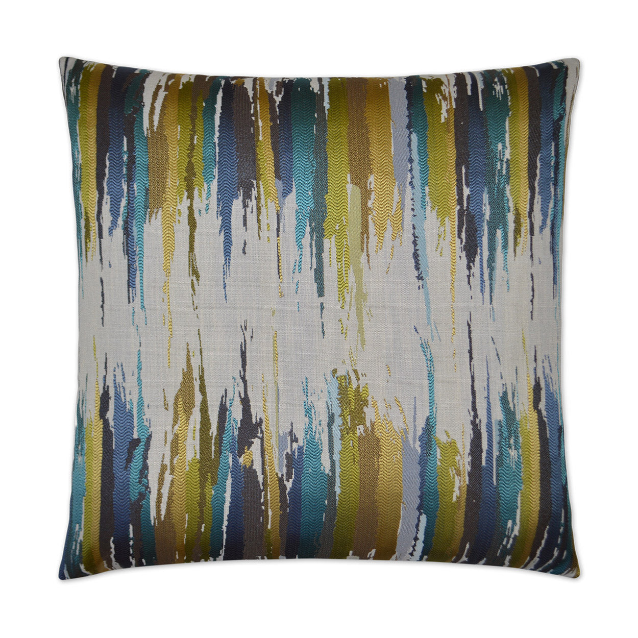 Square throw pillow with abstract vertical brushstroke pattern in blues, teals, mustard and olive on a light background.