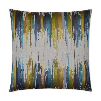 Square throw pillow with abstract vertical brushstroke pattern in blues, teals, mustard and olive on a light background.