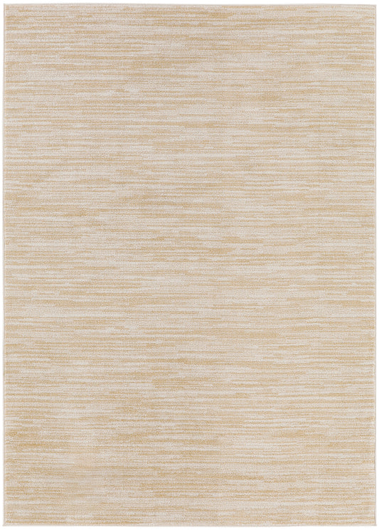 Beige outdoor rug with a soft brushed texture and subtle horizontal striations; rectangular, neutral for modern outdoor decor.
