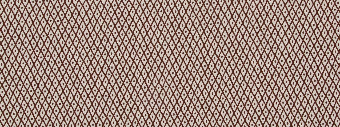 Beige upholstery fabric with a brown diamond lattice pattern and tiny central dots; geometric retro lattice print.