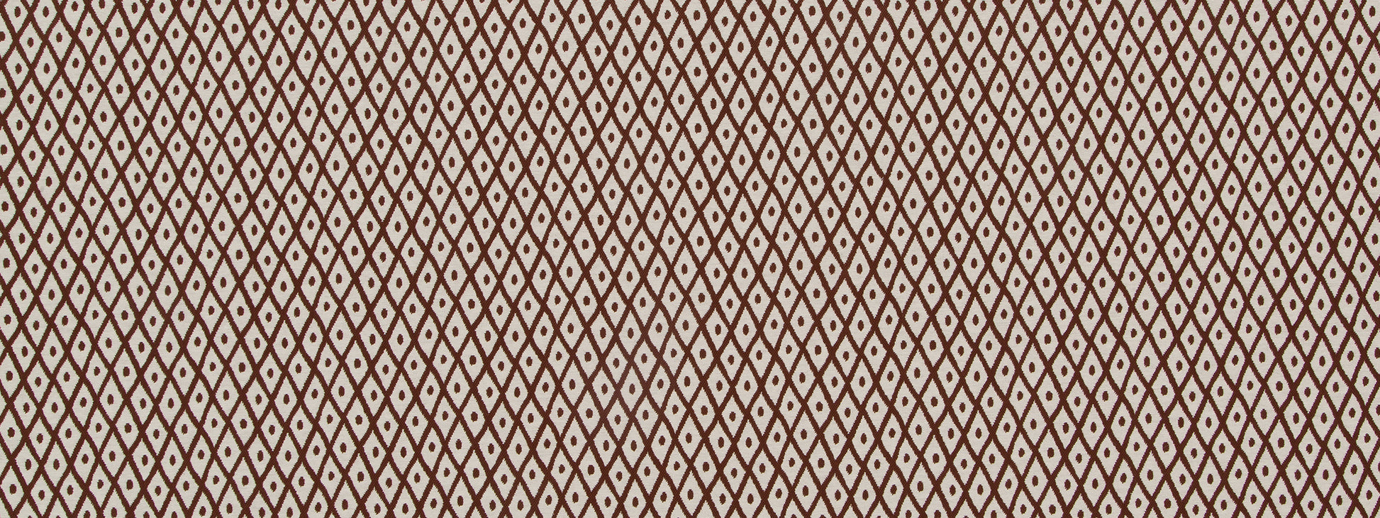 Beige upholstery fabric with a brown diamond lattice pattern and tiny central dots; geometric retro lattice print.