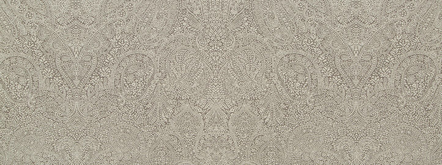 Beige damask pattern upholstery fabric with ornate scrolling floral motifs; elegant classic style.