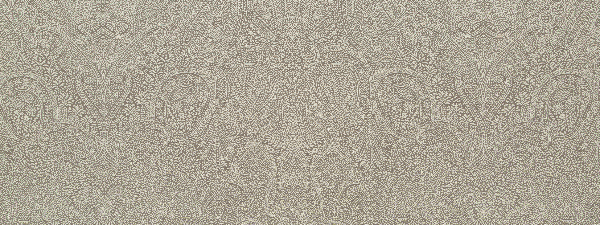 Beige damask pattern upholstery fabric with ornate scrolling floral motifs; elegant classic style.