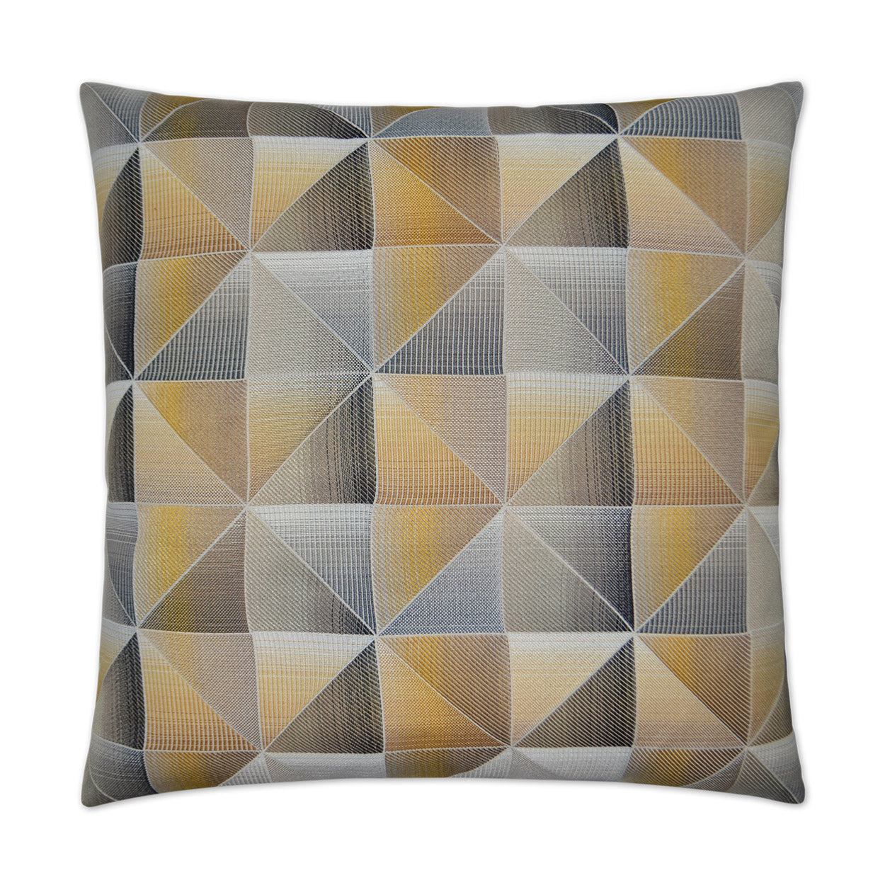 Decorative square throw pillow with geometric triangular patchwork in mustard, gray, taupe and blue.