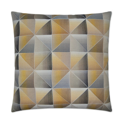 Decorative square throw pillow with geometric triangular patchwork in mustard, gray, taupe and blue.