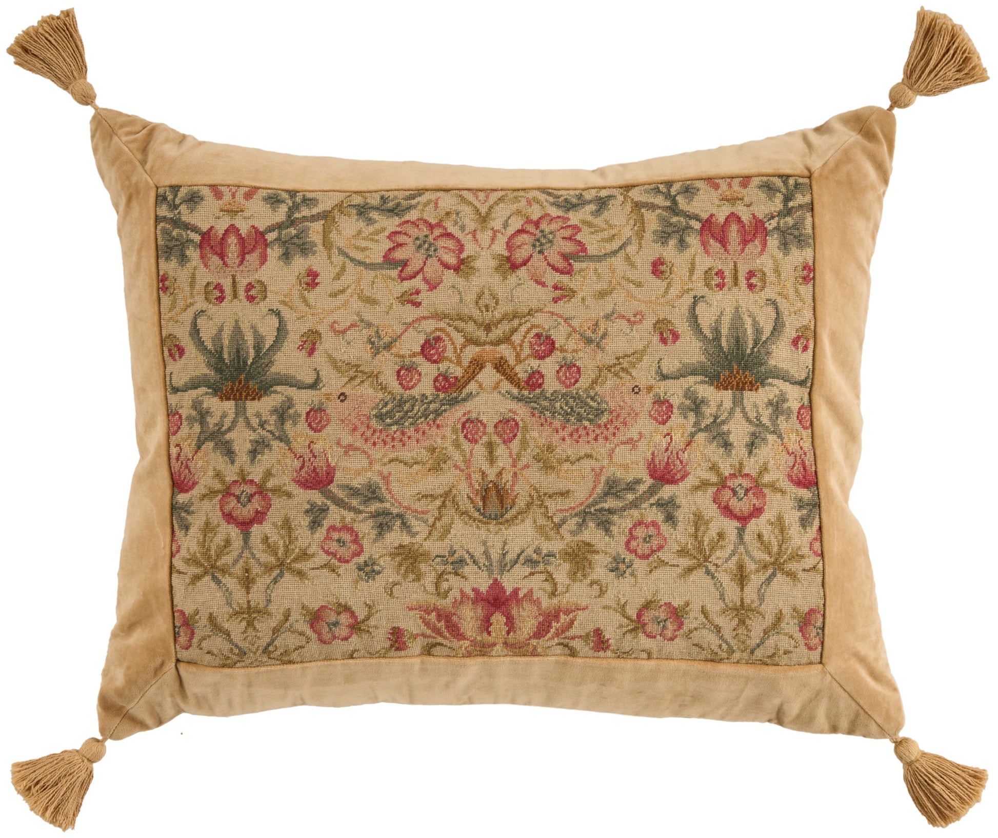 Rectangular tapestry-style throw pillow with floral pattern in gold, red, green; beige piping and tassels on corners.