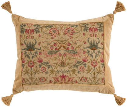 Rectangular tapestry-style throw pillow with floral pattern in gold, red, green; beige piping and tassels on corners.
