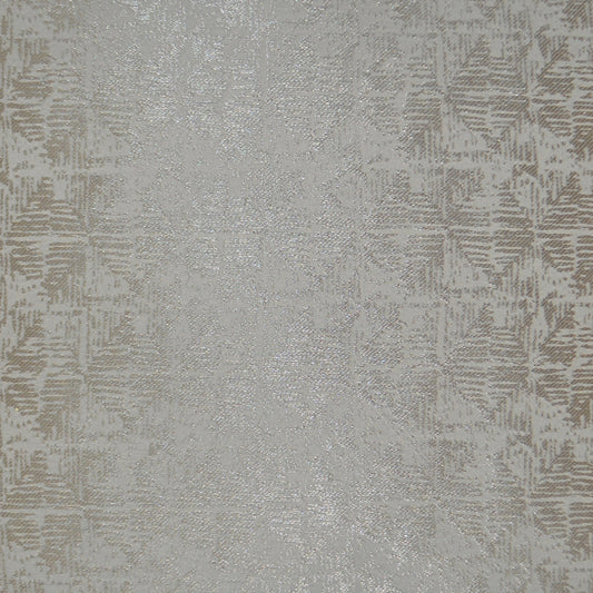 Beige damask fabric with subtle metallic sheen, intricate floral pattern suitable for upholstery or drapery.