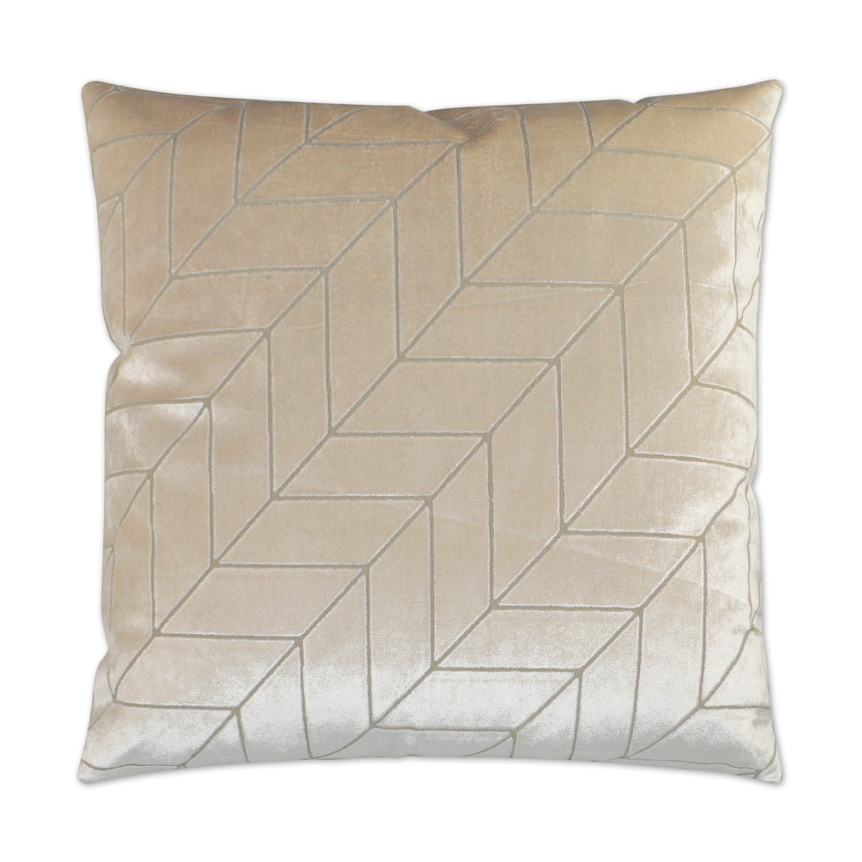 Beige velvet square throw pillow with subtle geometric chevron stitching for luxe home decor.