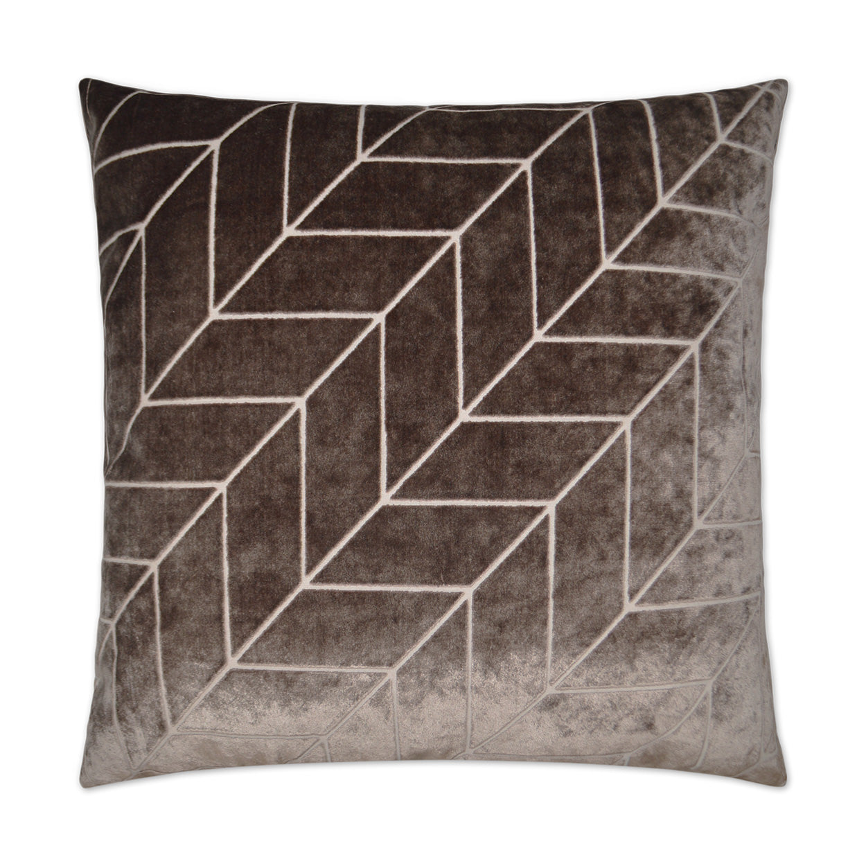 Dark brown velvet square pillow with white chevron geometric lines.