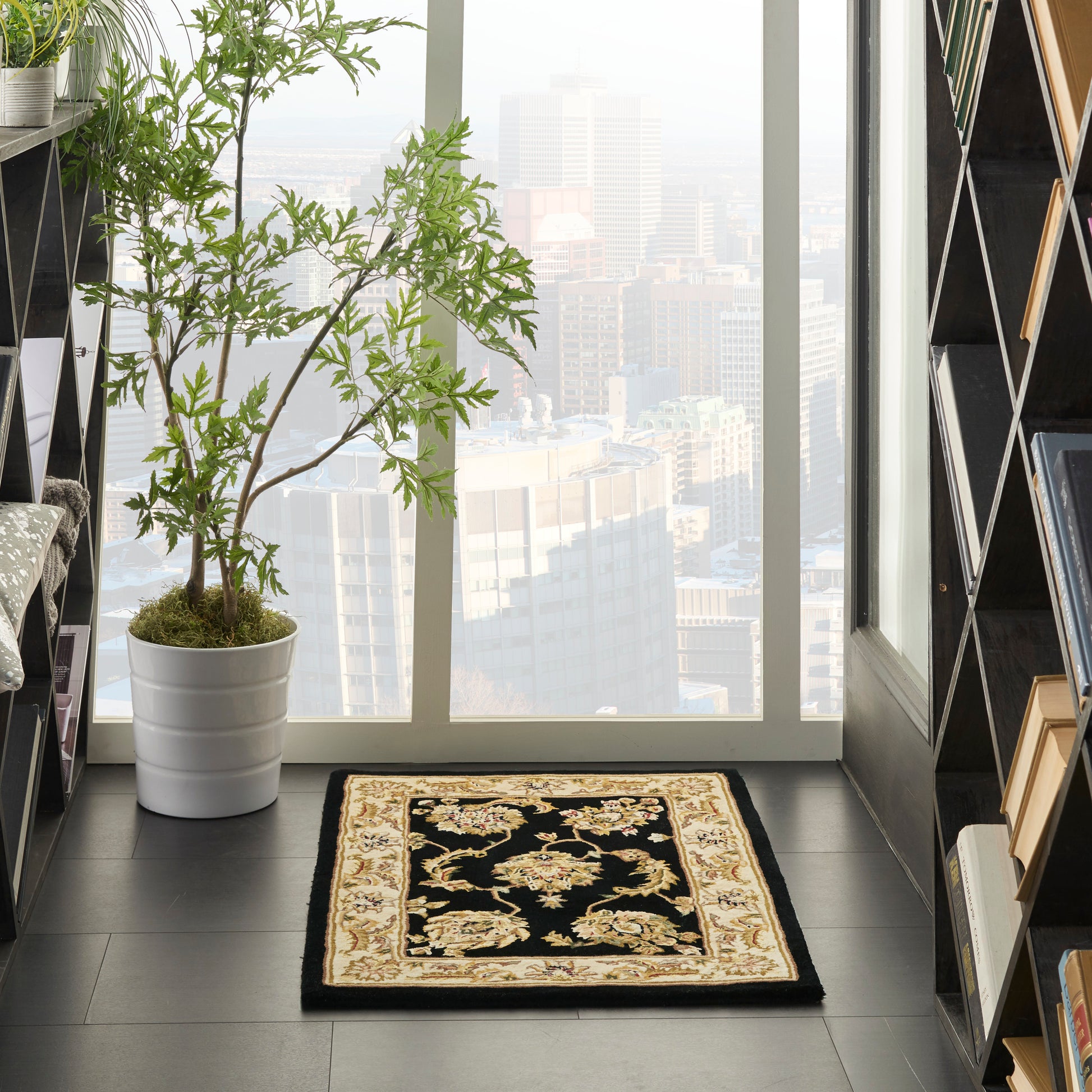 Black ornate rug with beige floral border on dark tile beside a tall green plant in a white ceramic pot by a city-view window