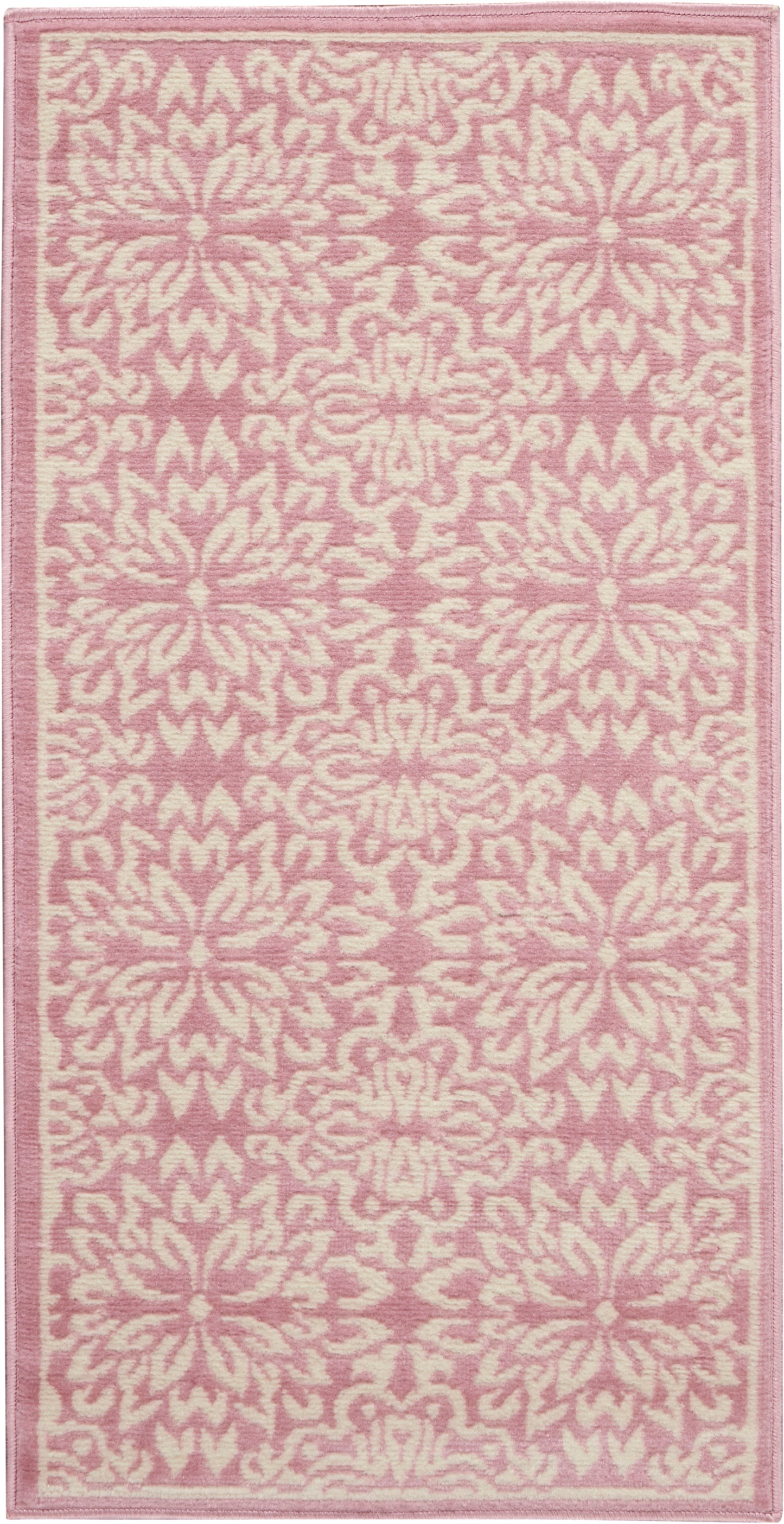 Pink & cream damask-pattern rug, rectangular with ornate floral motif and plush tufted texture.