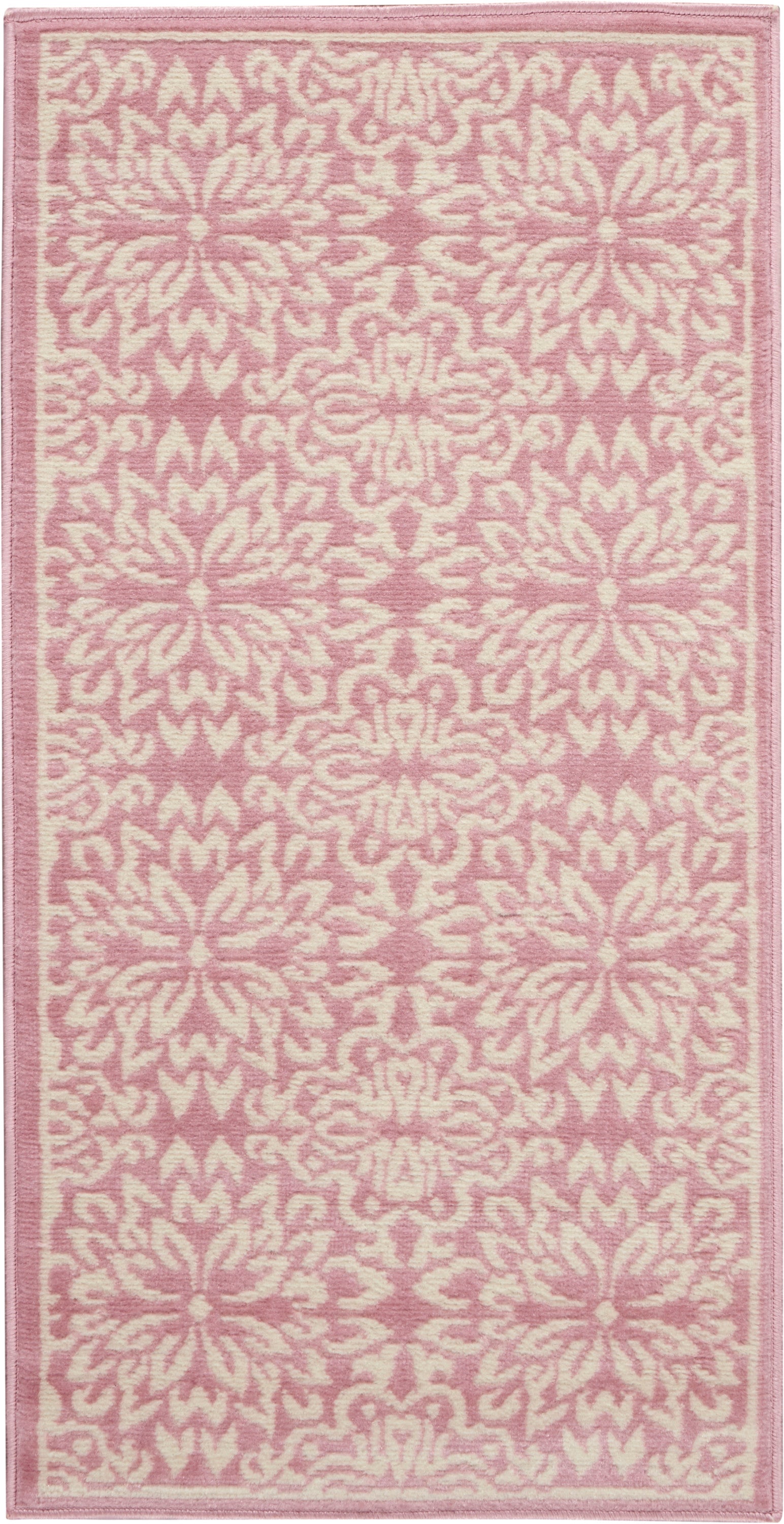 Pink & cream damask-pattern rug, rectangular with ornate floral motif and plush tufted texture.