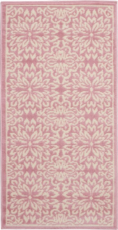 Pink & cream damask-pattern rug, rectangular with ornate floral motif and plush tufted texture.