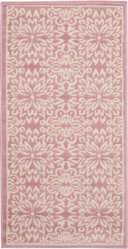 Pink & cream damask-pattern rug, rectangular with ornate floral motif and plush tufted texture.