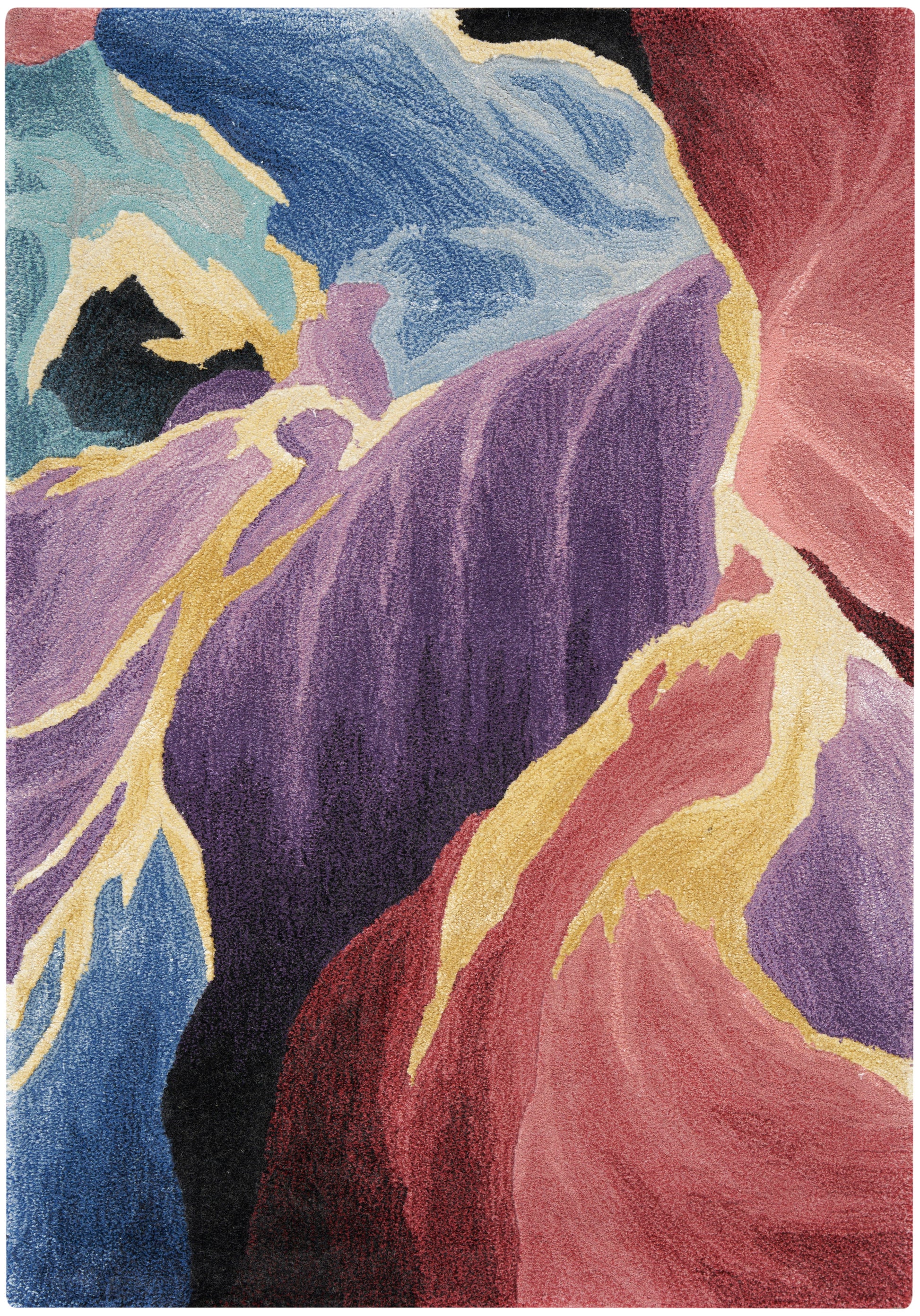 Abstract multicolor rug with flowing color blocks in purple, blue, pink, gold and red hues for contemporary decor